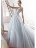 Beaded Light Blue Glittering Tulle Flowers Wedding Dress